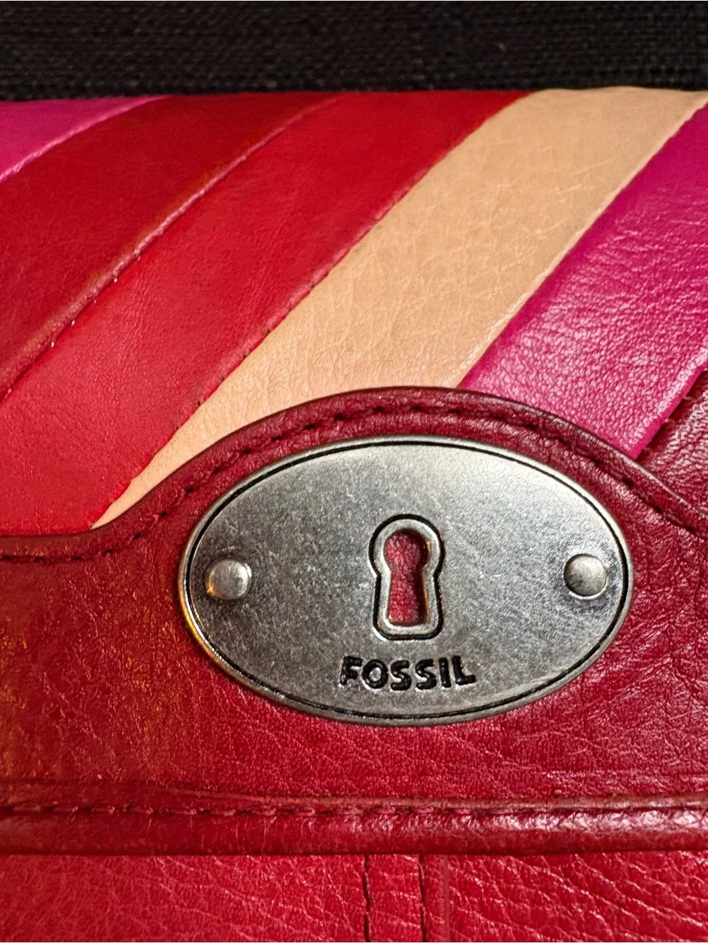Fossil Red Leather Clutch with Pink and Cream Diagonal Stripes